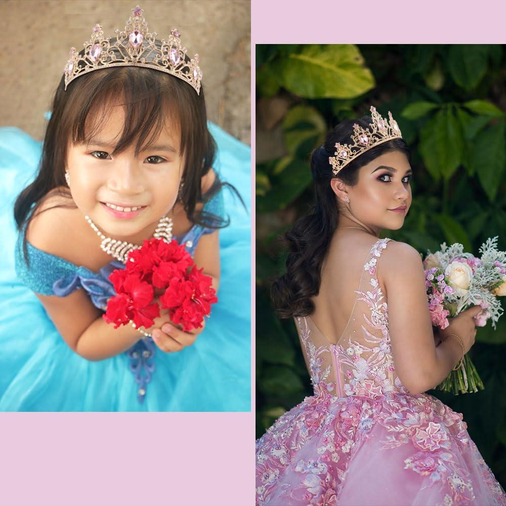 Tiara y Corona Rosa Dorado Ahoney para Mujeres - Accesorio de Cristal