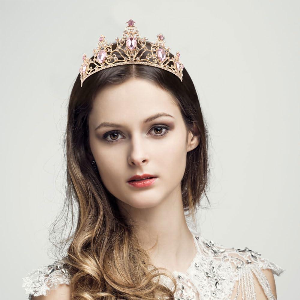 Tiara y Corona Rosa Dorado Ahoney para Mujeres - Accesorio de Cristal