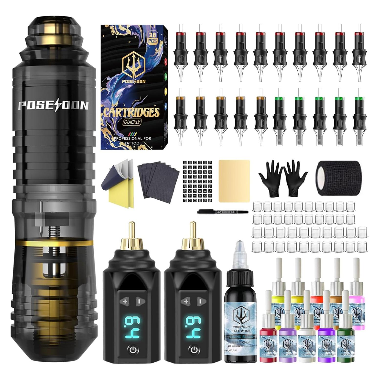 Kit de Tatuaje Poseidon con Pluma, 2 Baterías y 20 Agujas