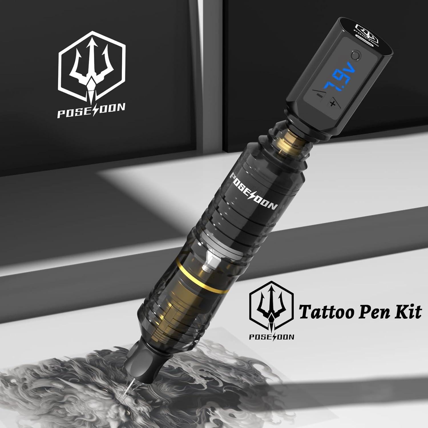 Kit de Tatuaje Poseidon con Pluma, 2 Baterías y 20 Agujas