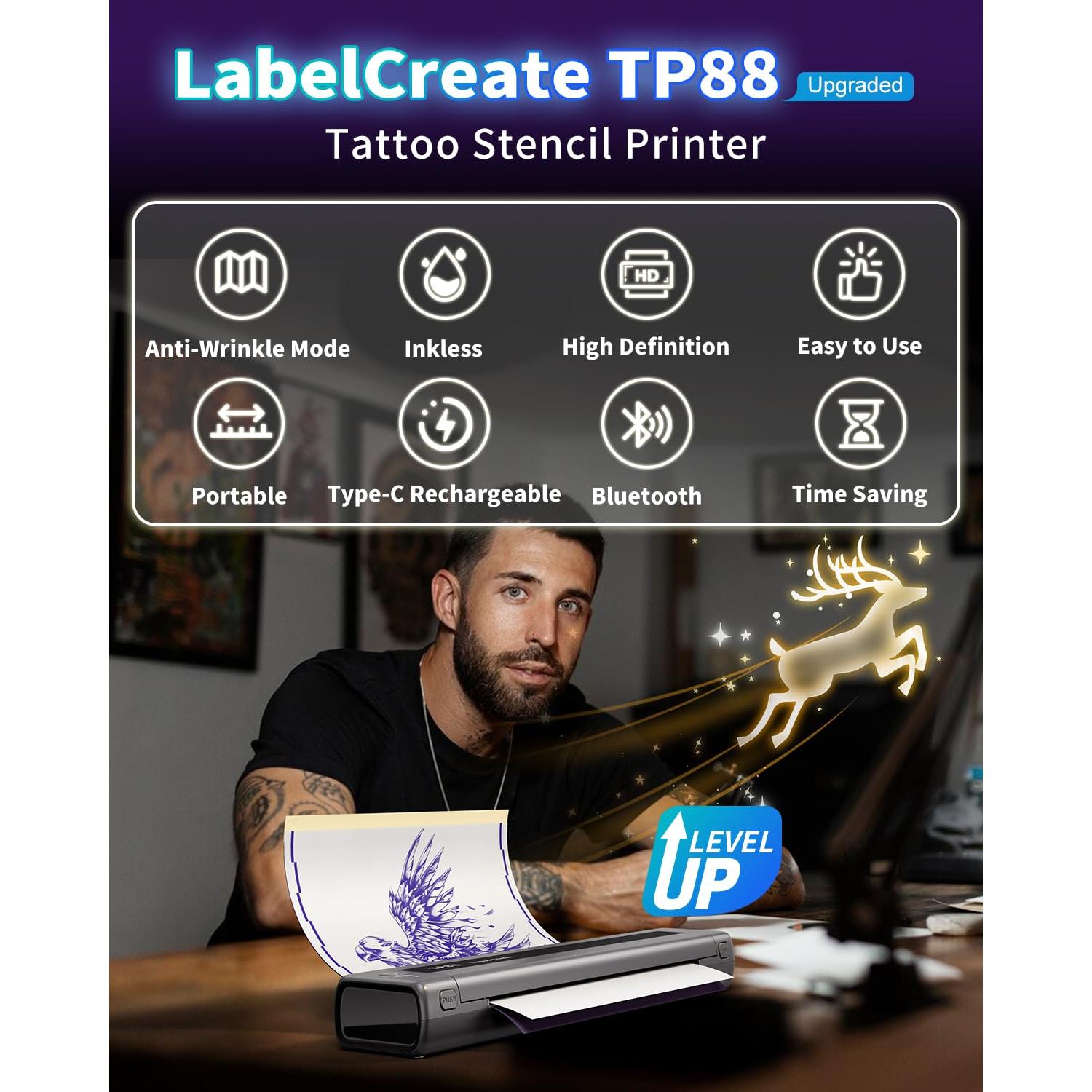 Impresora de Tatuaje Inalámbrica LabelCreate TP88, Gris