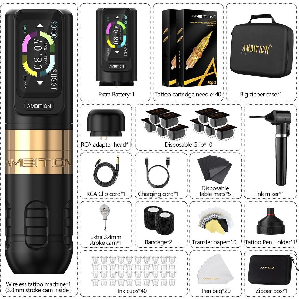 Kit de Tatuaje Ambition Zetton Inalámbrico 2400mAh 40 Agujas