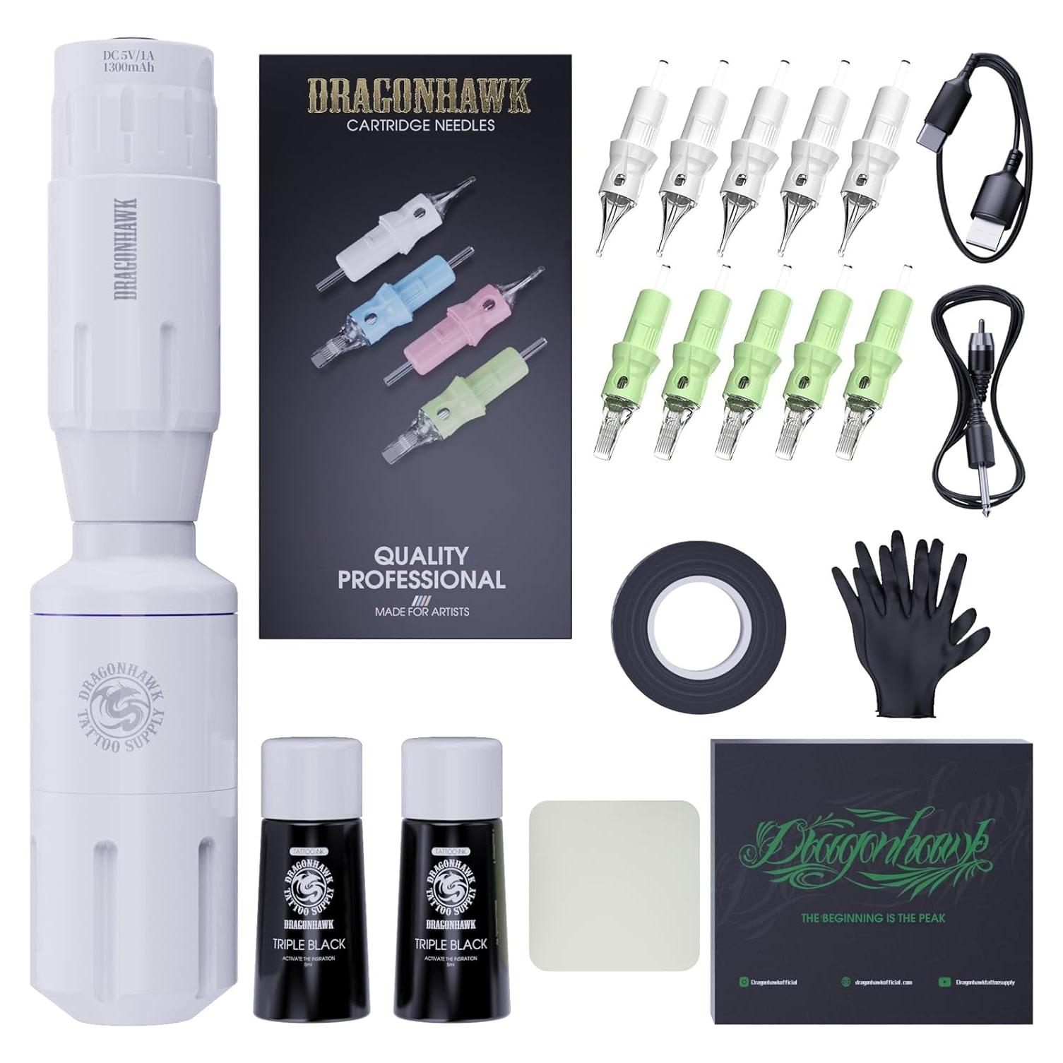 Kit de Tatuaje Dragonhawk S1 Inalámbrico con Agujas y Tintas