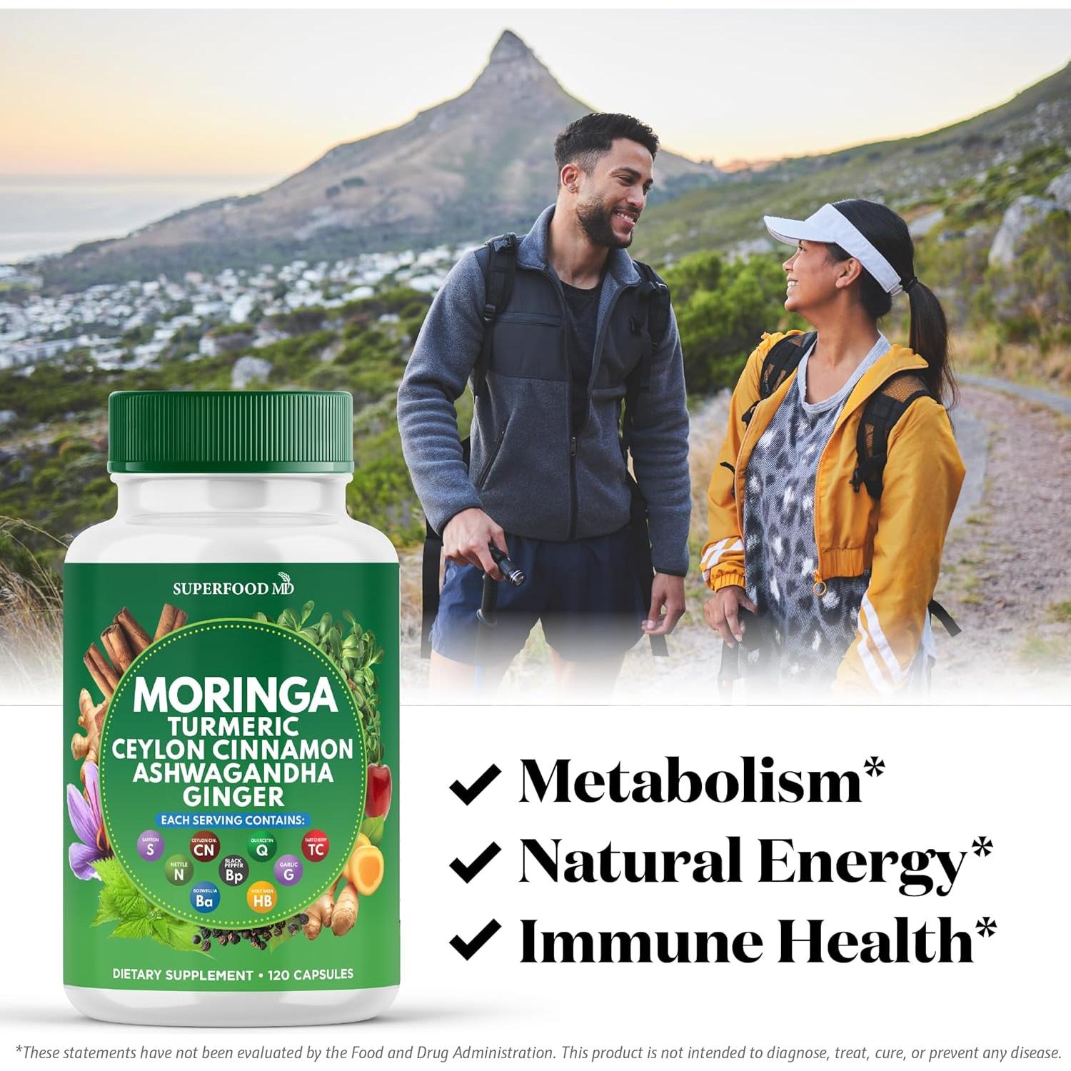 Suplemento de Moringa Superfood MD - 120 Cápsulas con Cúrcuma y Jengibre