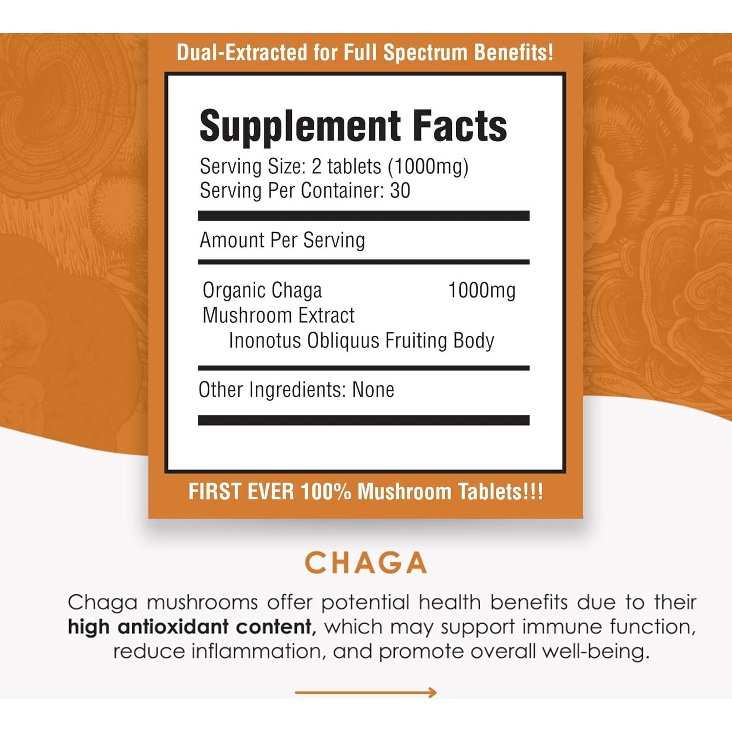 Tabletas de Extracto de Hongo Chaga Purest Mushrooms 30g