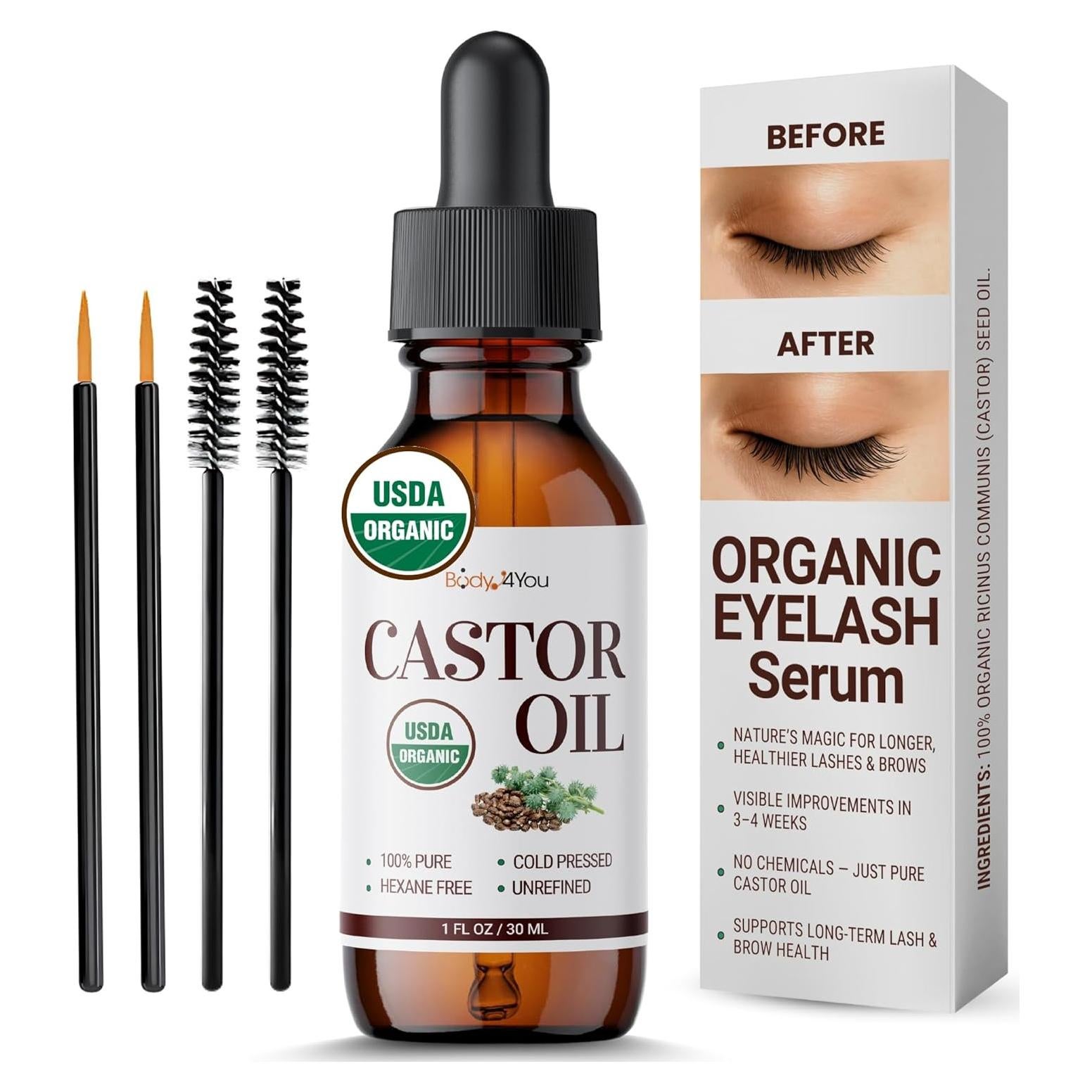 Aceite de Ricino Orgánico BodyJ4You 30 ml - Crecimiento Cabello y Pestañas