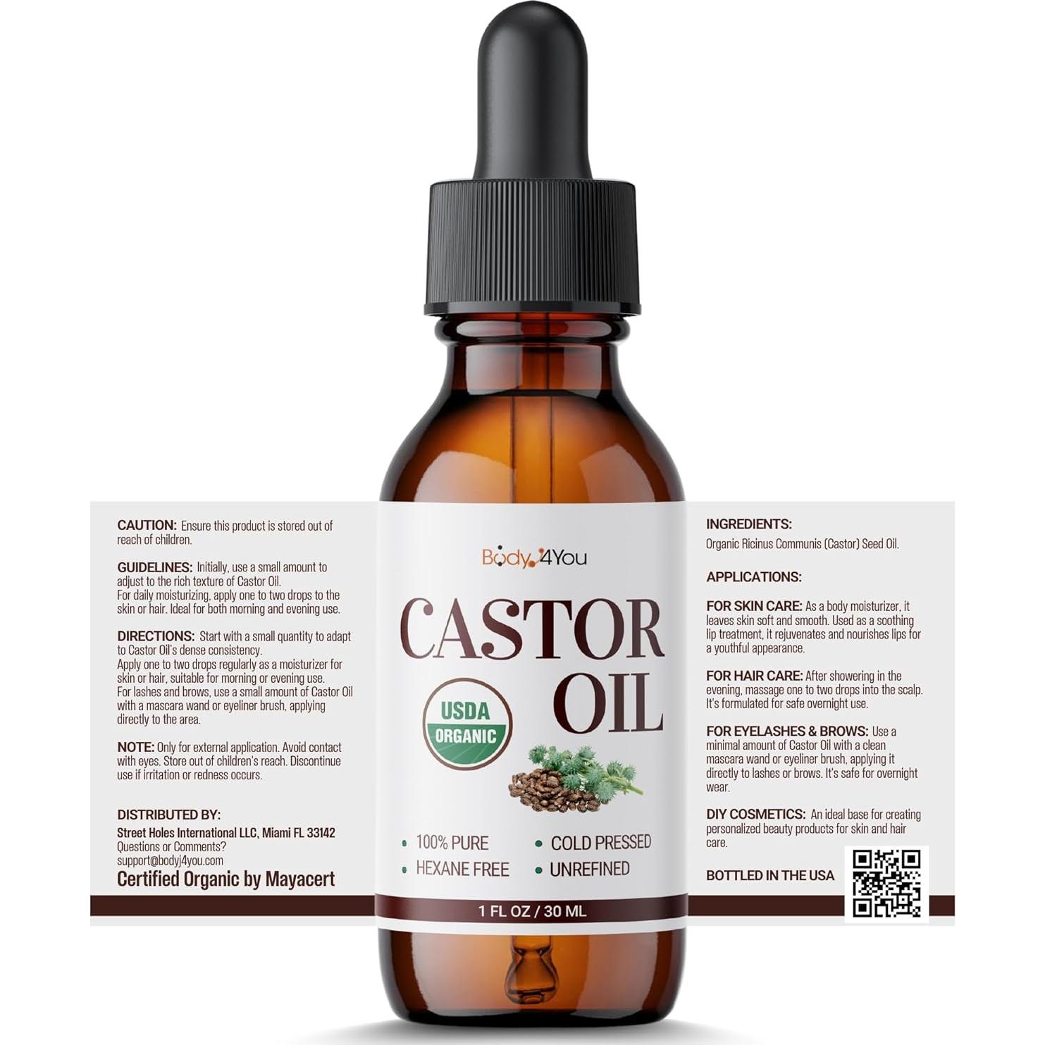 Aceite de Ricino Orgánico BodyJ4You 30 ml - Crecimiento Cabello y Pestañas