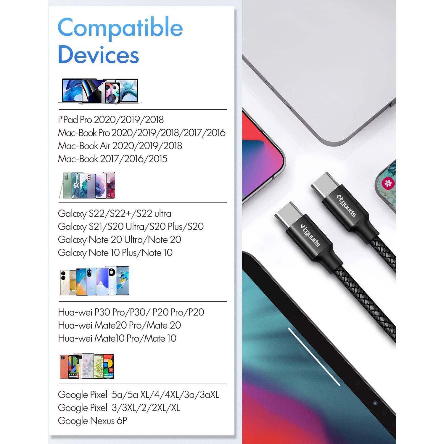 etguuds USB C to USB C Cable 4ft, 2-Pack, 60W USBC to USBC Cord, Type C to C Charger Cable Fast Charging for iPhone 16/15 Pro Max/Plus/Pro, for MacBook Pro Air/iPad, for Samsung Galaxy S24 S23