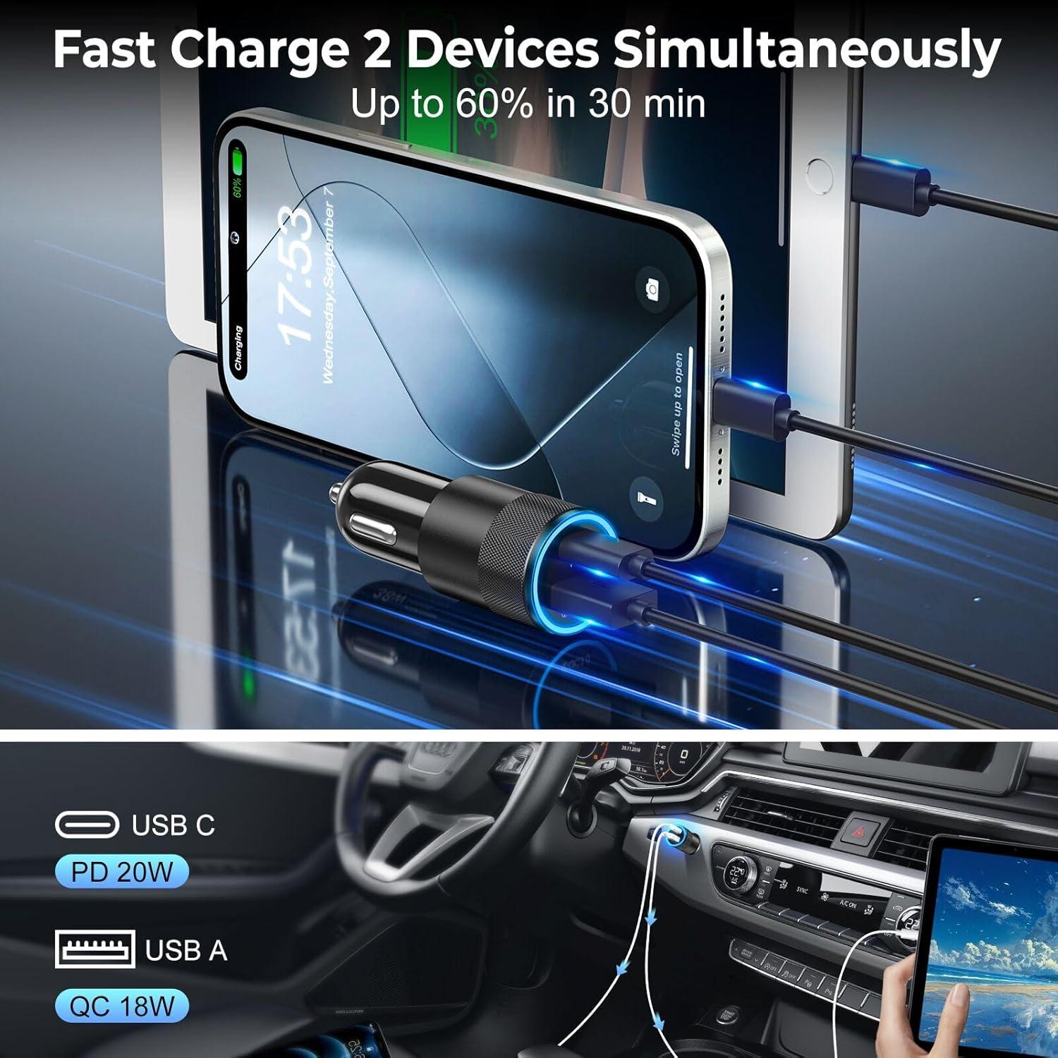 Cargador de Coche USB C Ancekoy 38W Doble Puerto PD QC 3.0