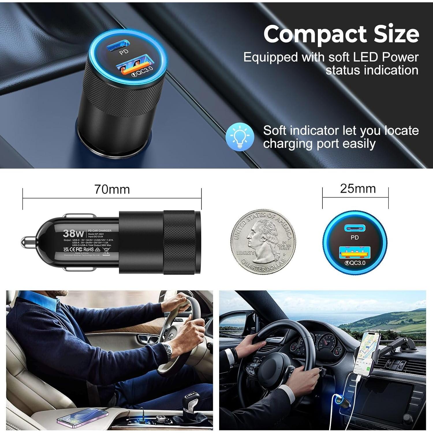 Cargador de Coche USB C Ancekoy 38W Doble Puerto PD QC 3.0