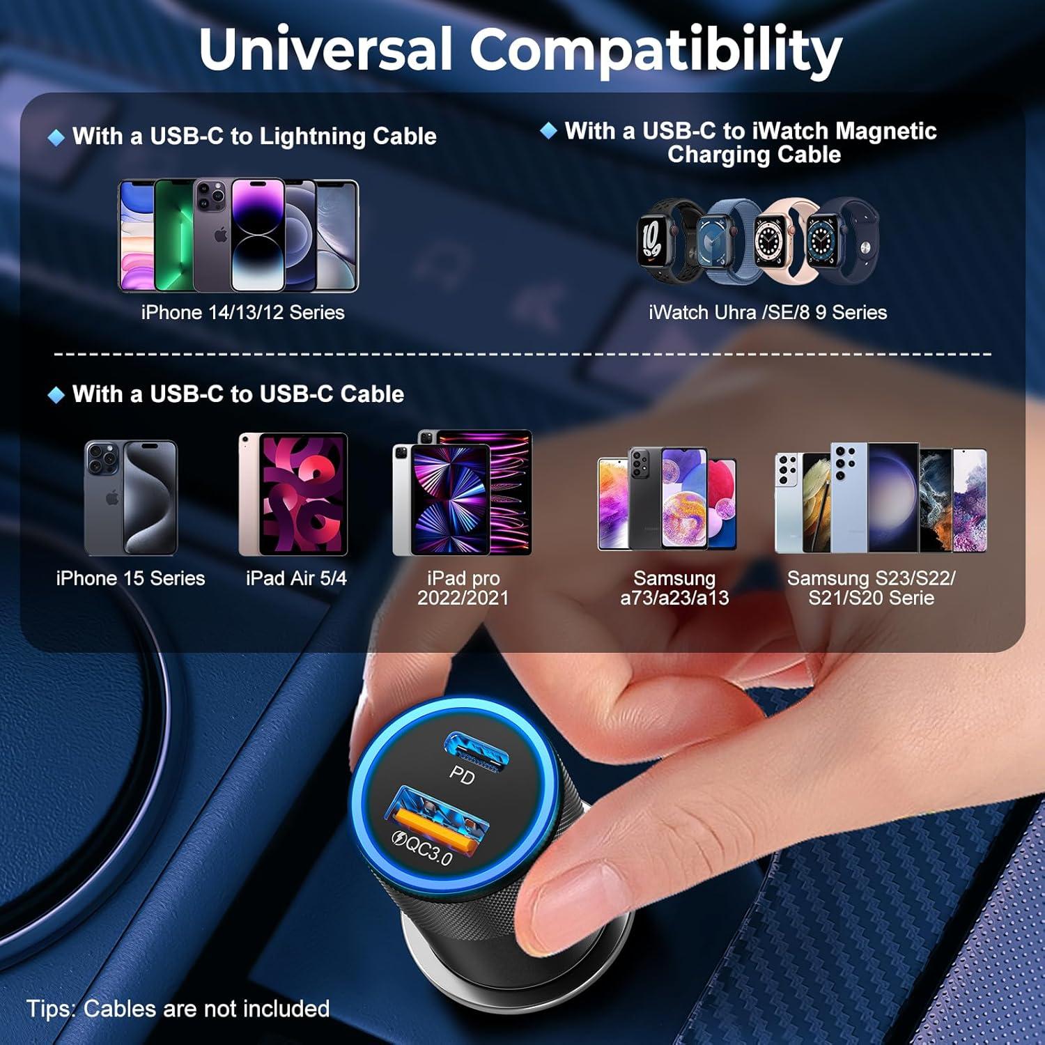 Cargador de Coche USB C Ancekoy 38W Doble Puerto PD QC 3.0