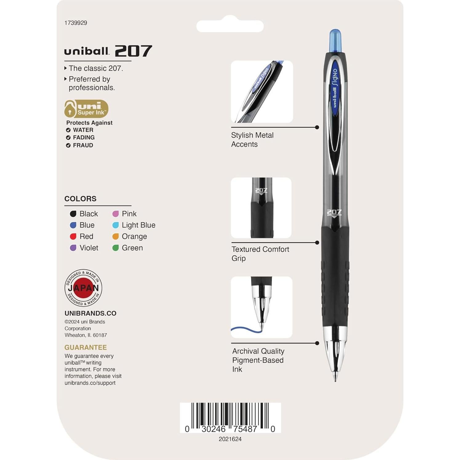 Bolígrafos de Gel Uni-ball 207 Retráctiles 0.7mm 8 Colores