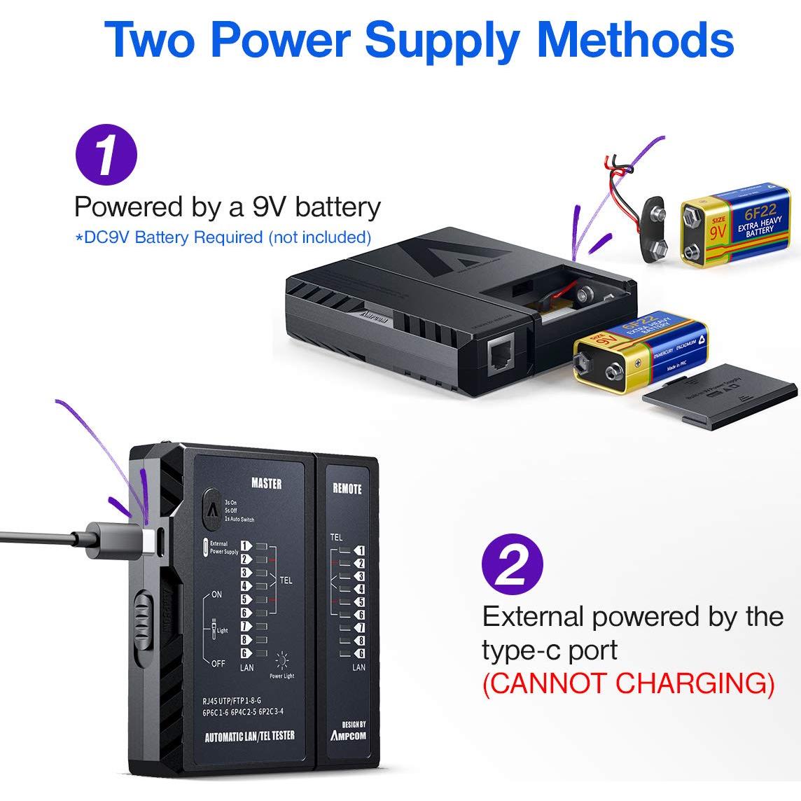Probador de Cable de Red AMPCOM RJ45/RJ11 - Herramienta de Prueba