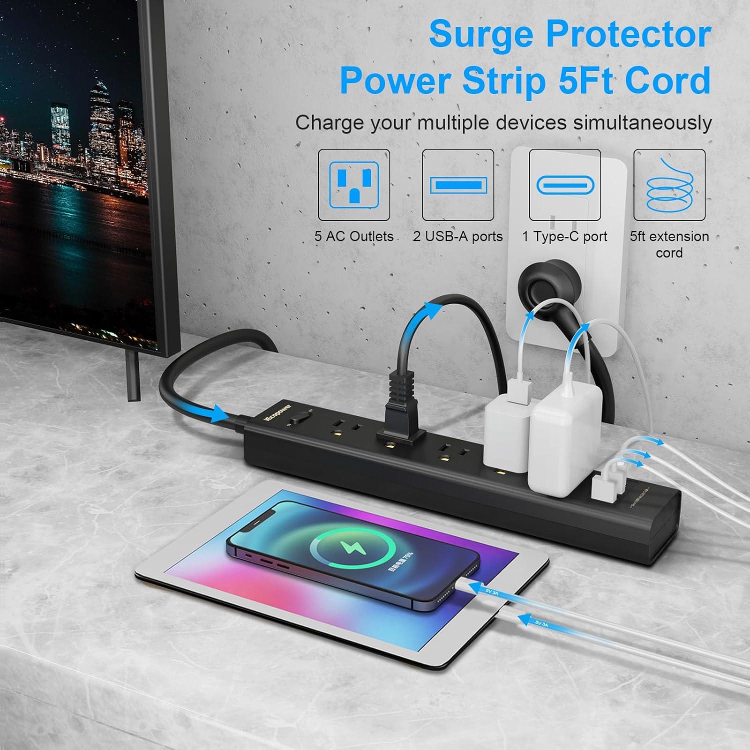 Regleta de Protección IECOPOWER 2 Paquetes 5 Salidas 3 USB