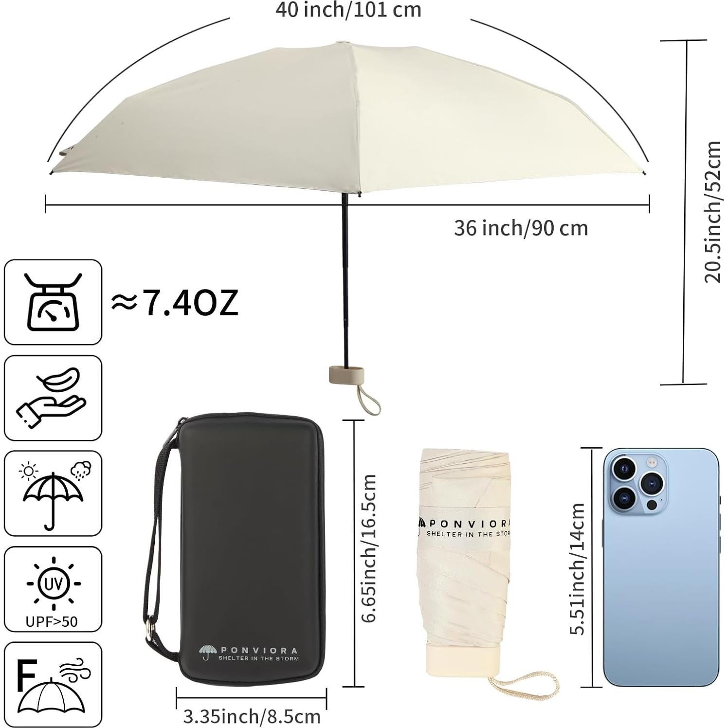 Paraguas Compacto Ponviora Beige Plegable UPF 50+ Ligero