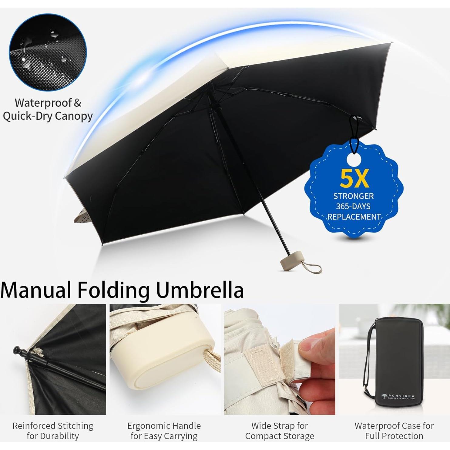 Paraguas Compacto Ponviora Beige Plegable UPF 50+ Ligero