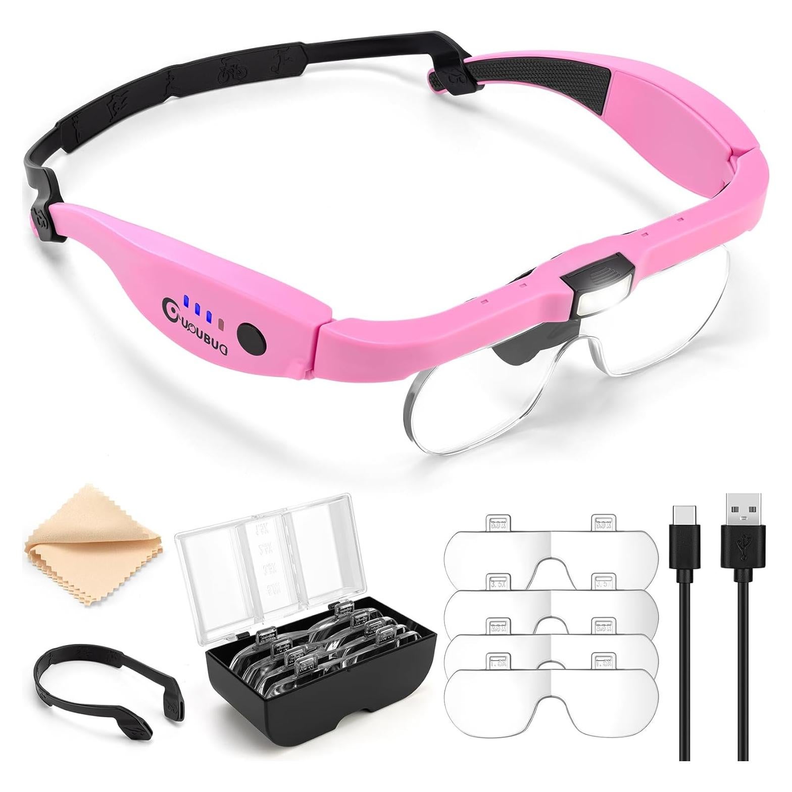 Lupa con Luz LED GUOUBUO 1.5X-5X Rosada, 4 Lentes