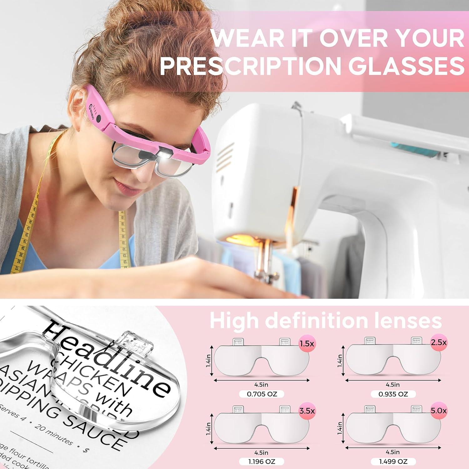 Lupa con Luz LED GUOUBUO 1.5X-5X Rosada, 4 Lentes