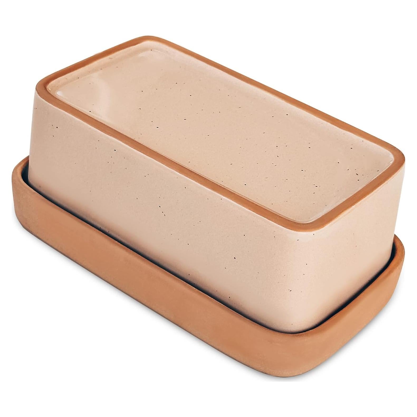 Mora Ceramic Two-in-One Butter Dish with Lid, Covered Butter Crock Container to Leave on Countertop - Large Storage Keeper/Holder for Kitchen, Gifts for Her, Butter Tray For Counter - Chai