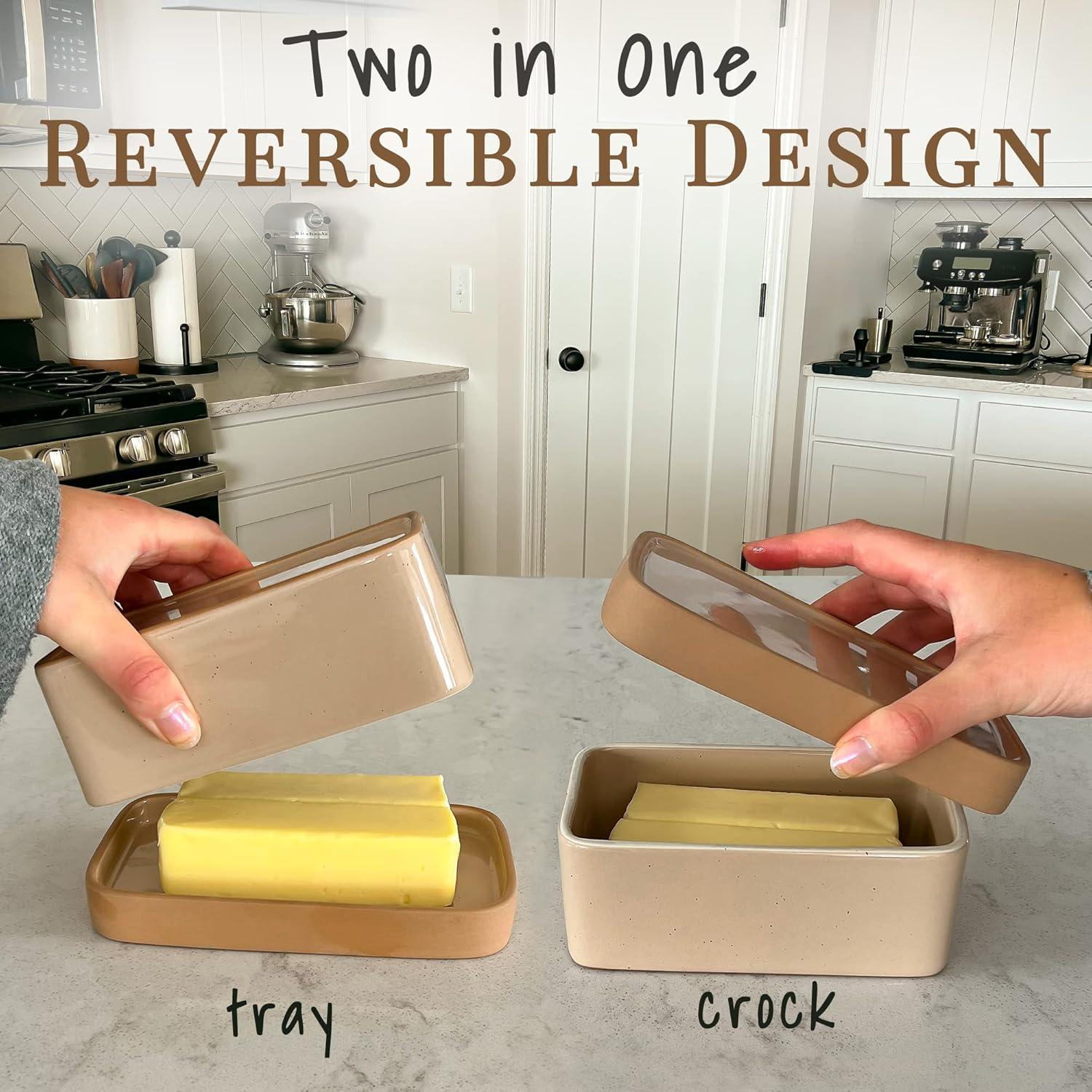 Mora Ceramic Two-in-One Butter Dish with Lid, Covered Butter Crock Container to Leave on Countertop - Large Storage Keeper/Holder for Kitchen, Gifts for Her, Butter Tray For Counter - Chai