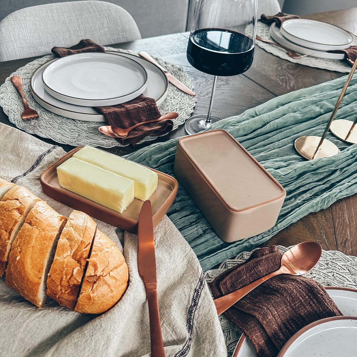 Mora Ceramic Two-in-One Butter Dish with Lid, Covered Butter Crock Container to Leave on Countertop - Large Storage Keeper/Holder for Kitchen, Gifts for Her, Butter Tray For Counter - Chai