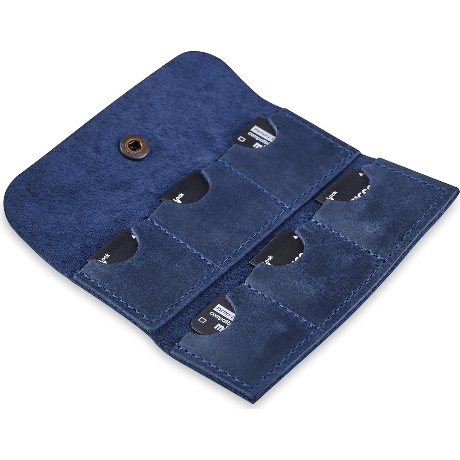 Estuche Porta Tarjetas SD de Cuero MAKYN Azul - Organizador 6 Tarjetas