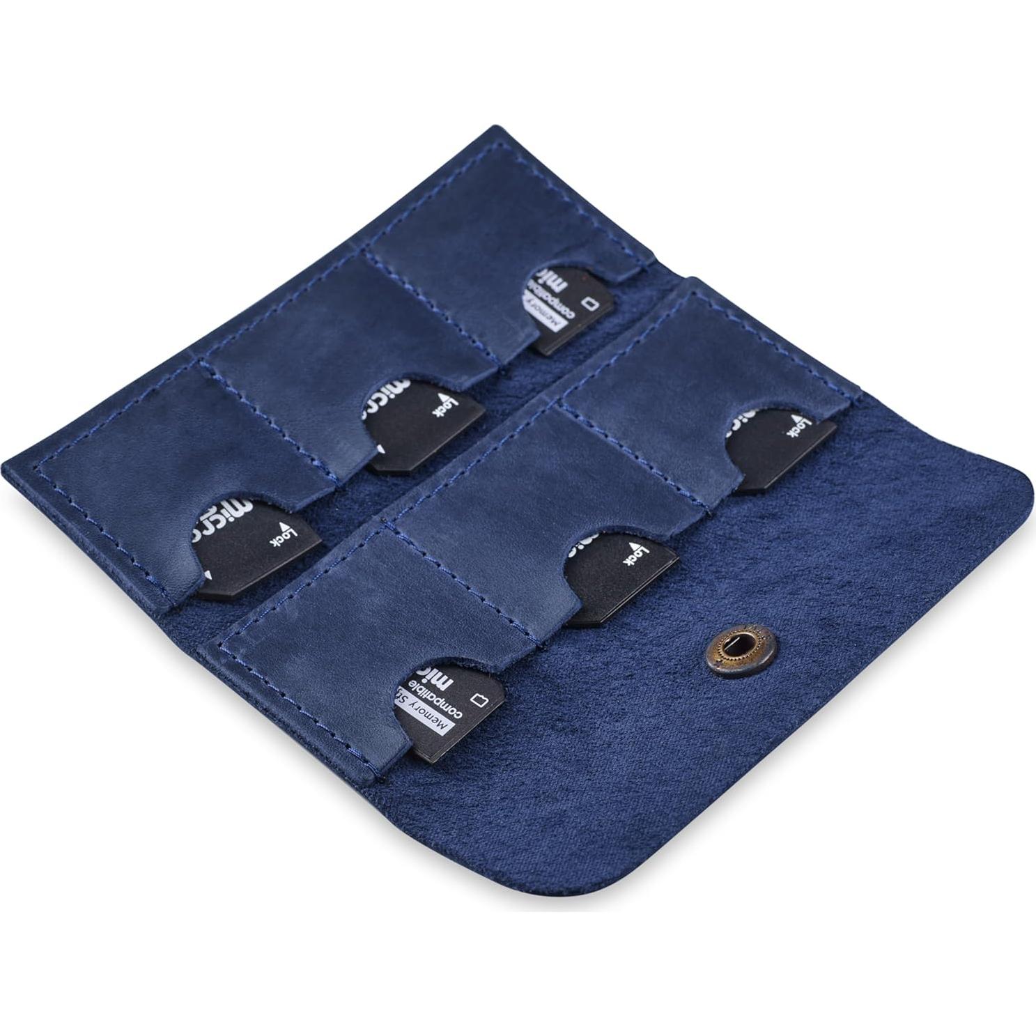 Estuche Porta Tarjetas SD de Cuero MAKYN Azul - Organizador 6 Tarjetas