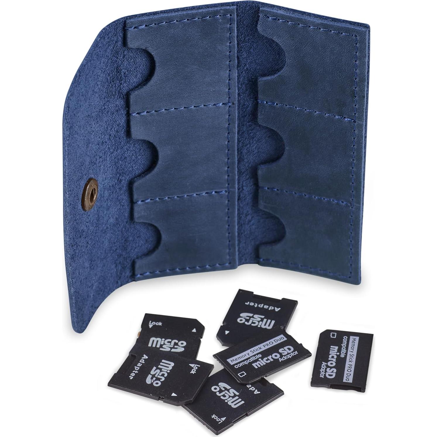Estuche Porta Tarjetas SD de Cuero MAKYN Azul - Organizador 6 Tarjetas