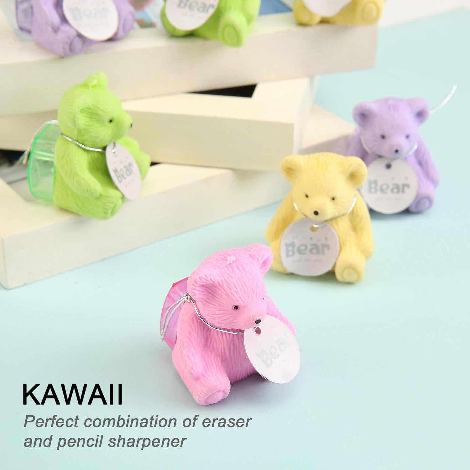 Borradores de Oso HILAZA con Sacapuntas - 8 Pcs Kawaii