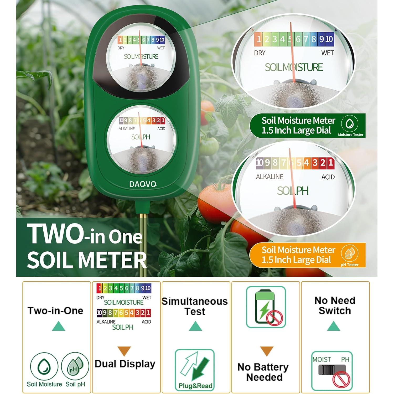 Medidor de Humedad y pH del Suelo DAQVQ 2-en-1 Verde