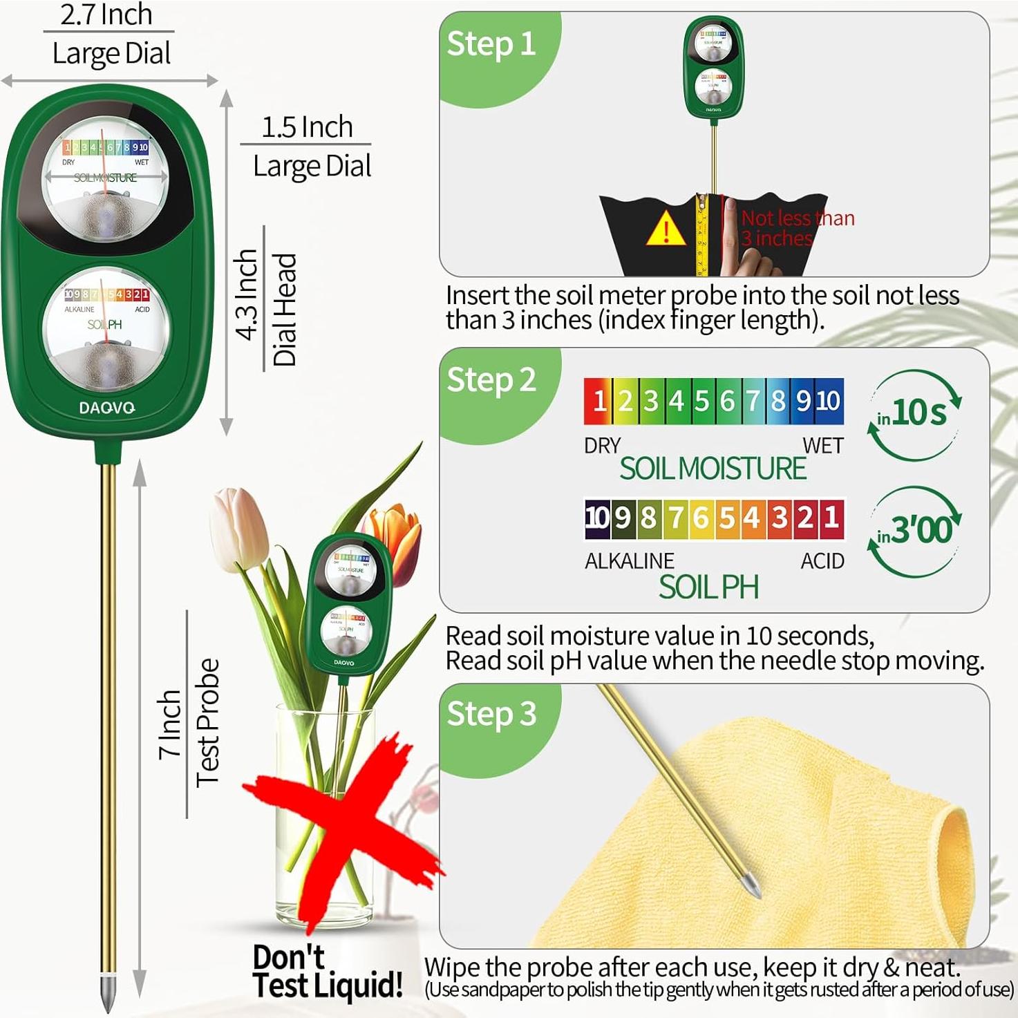 Medidor de Humedad y pH del Suelo DAQVQ 2-en-1 Verde