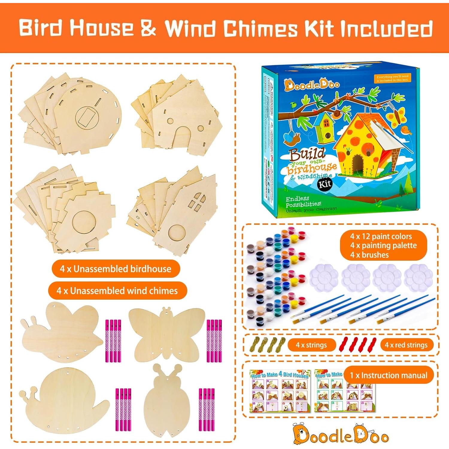 Kit de Manualidades DoodleDoo para Niños - 4 Casas para Aves y Campanas de Viento