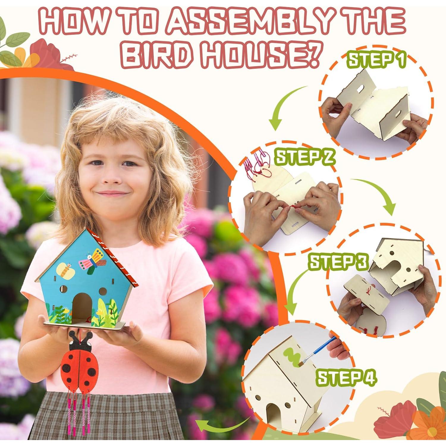 Kit de Manualidades DoodleDoo para Niños - 4 Casas para Aves y Campanas de Viento