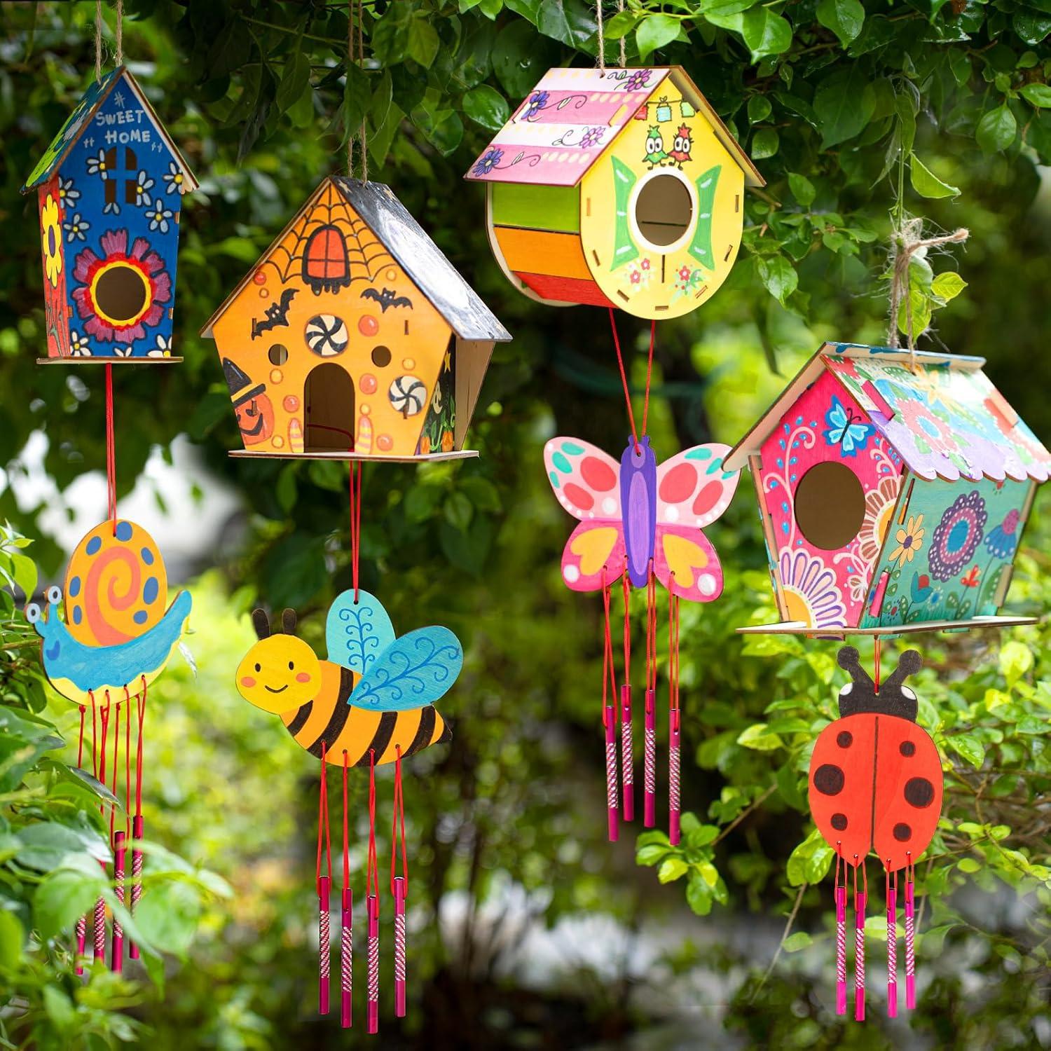 Kit de Manualidades DoodleDoo para Niños - 4 Casas para Aves y Campanas de Viento