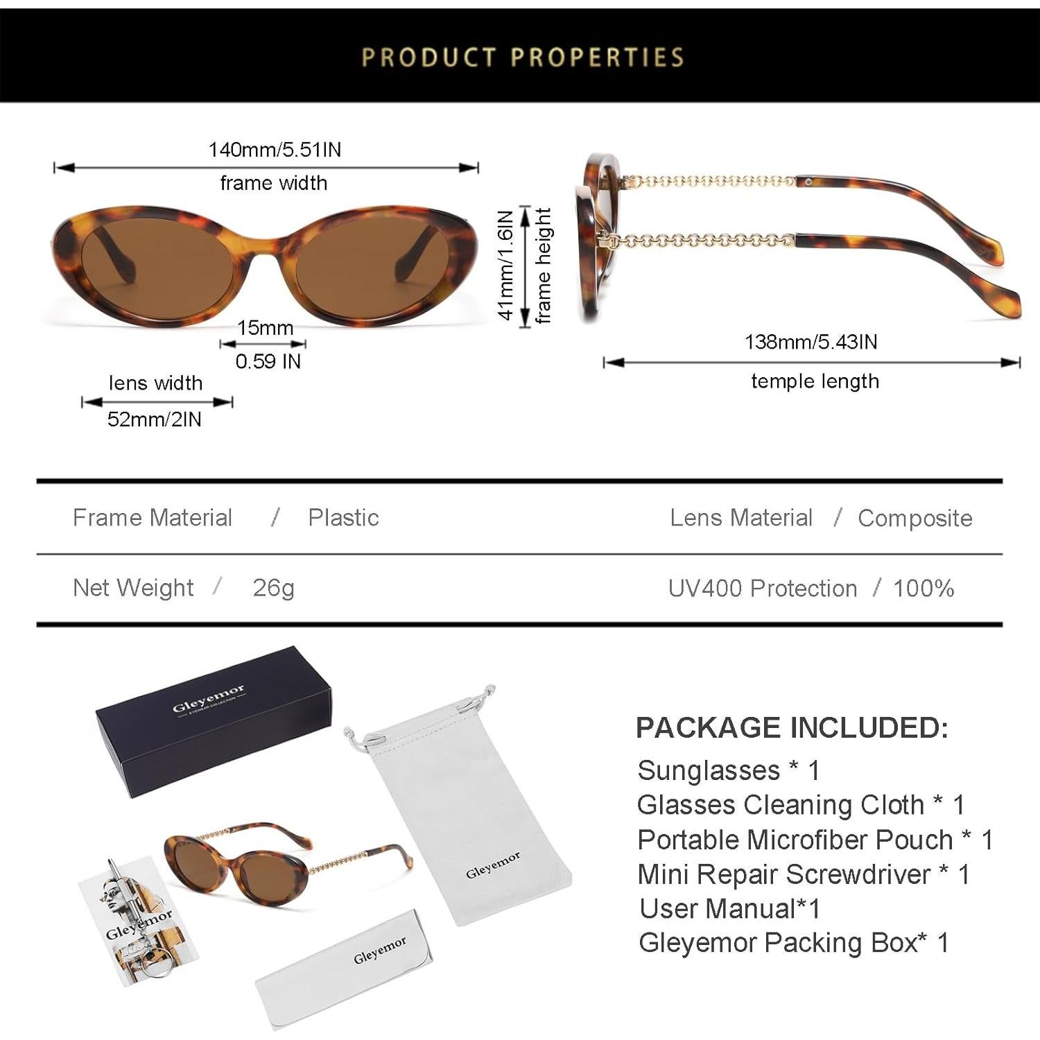 Gafas de Sol Retro Ovaladas Gleyemor UV400 para Mujeres