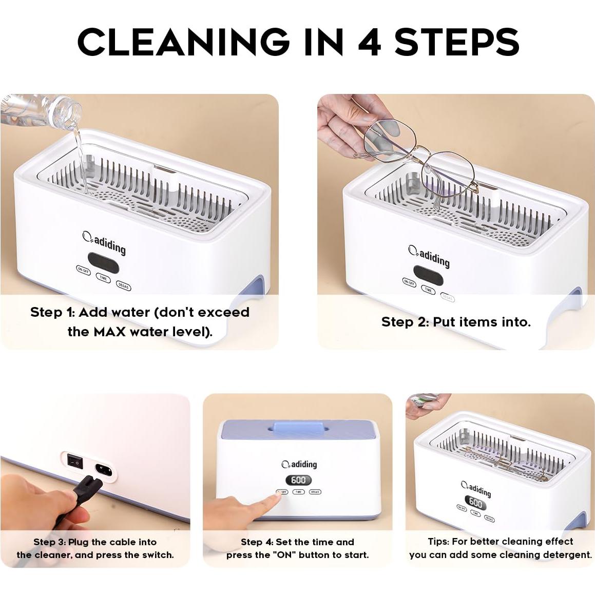 Limpiador Ultrasónico de Joyería Adiding 1000mL Azul 5 Modos