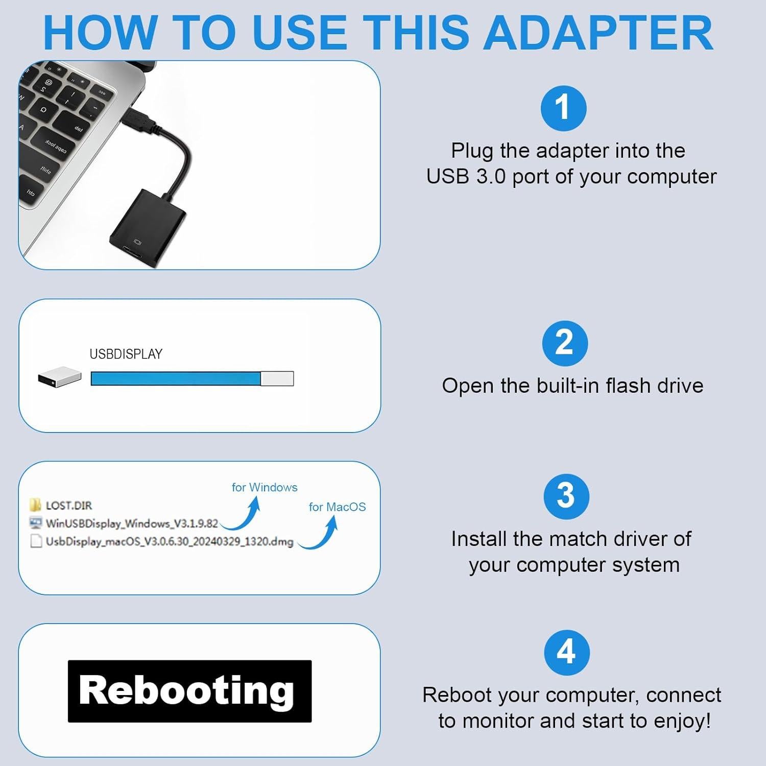 Adaptador USB 3.0 a HDMI Herfair 1080P Full HD Negro