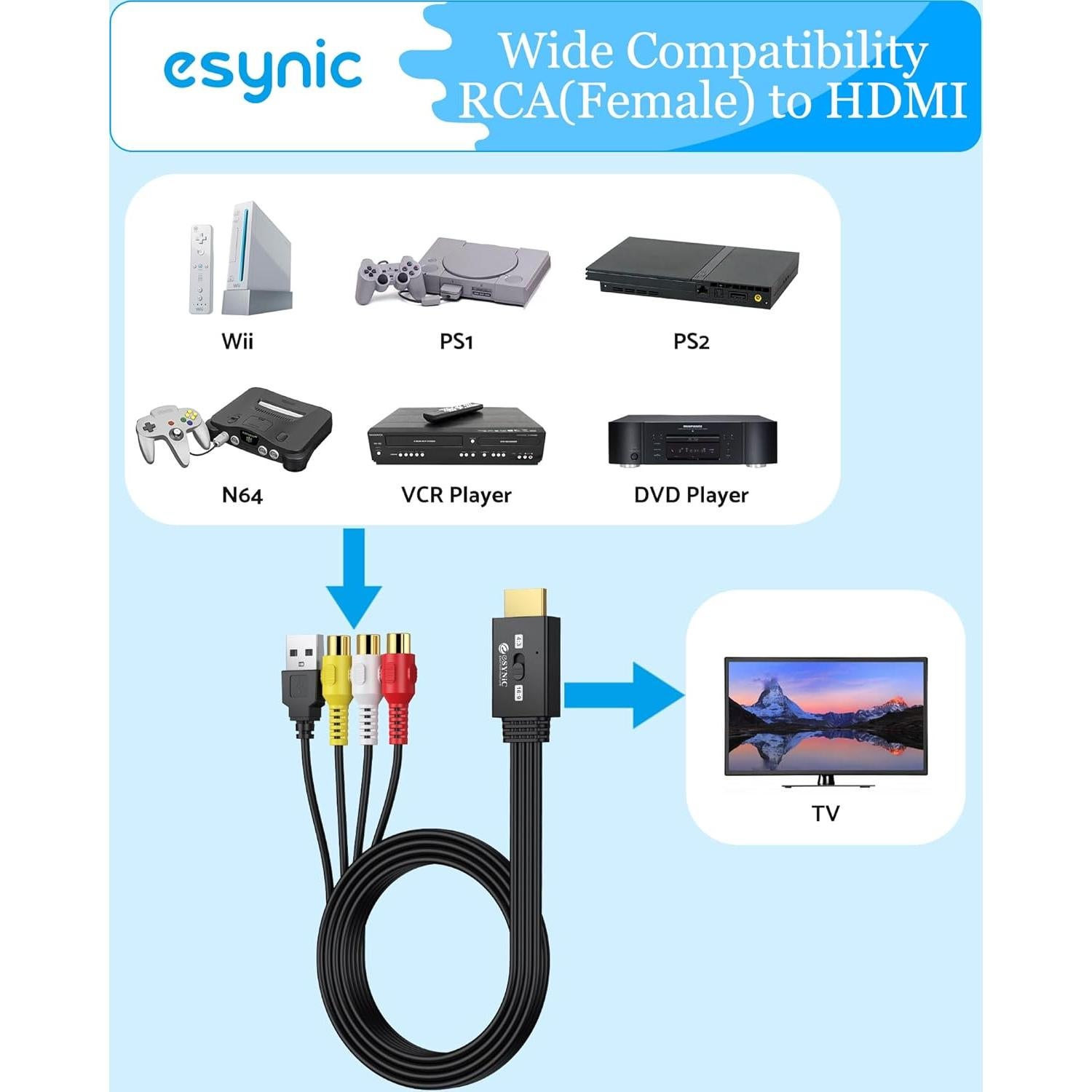 Convertidor eSynic RCA hembra a HDMI macho 1080P 60Hz