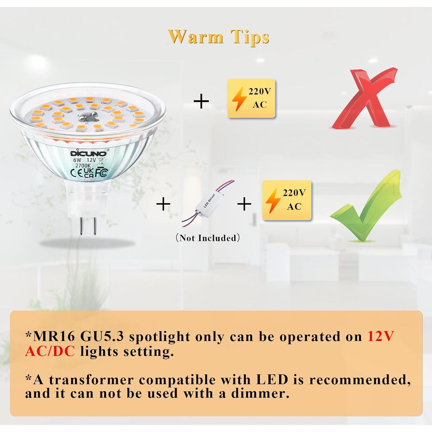 Bombillas LED MR16 DiCUNO 6W 750LM GU5.3 2700K 6 Paquetes