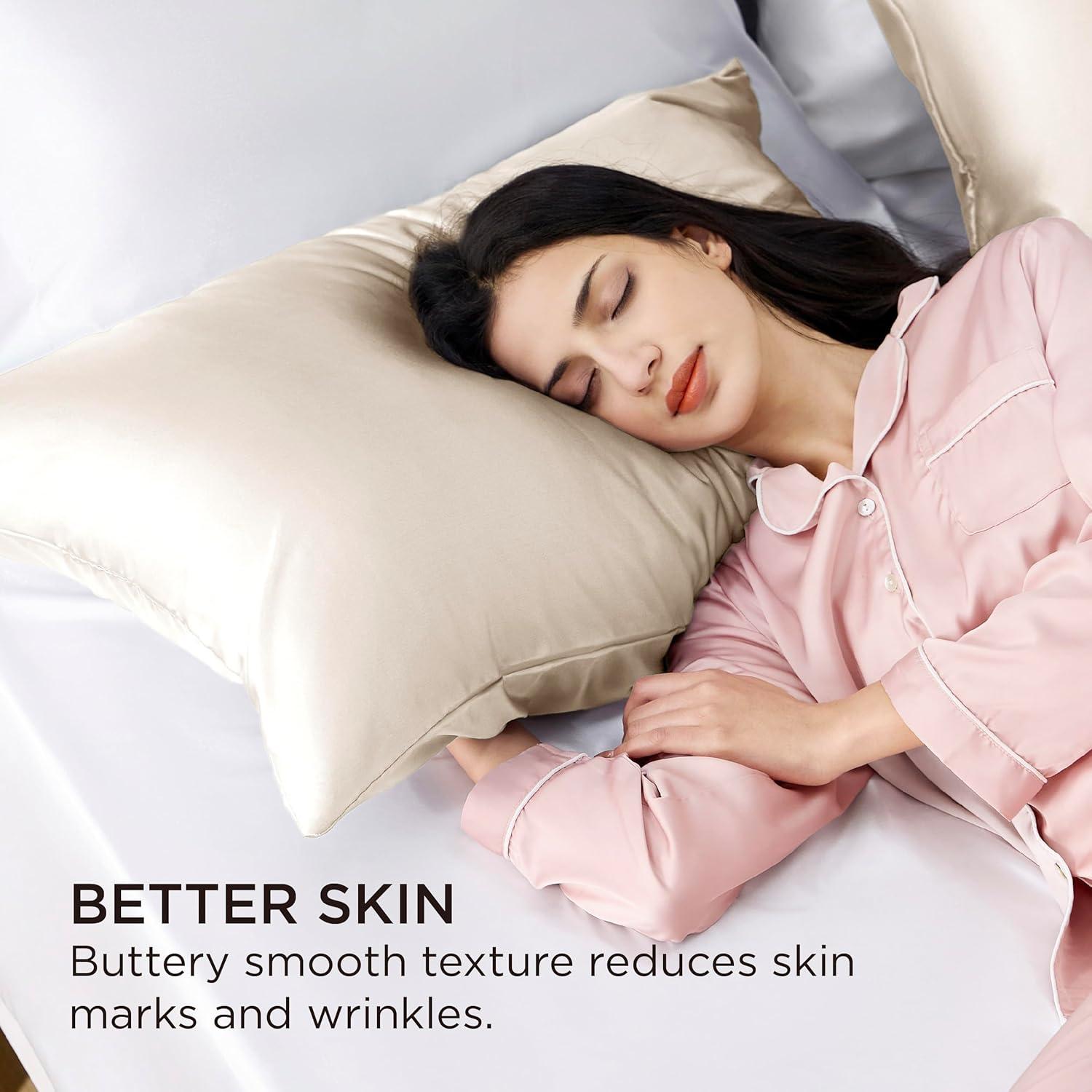 Funda de Almohada de Satén Bedsure Beige Estándar 2 Piezas