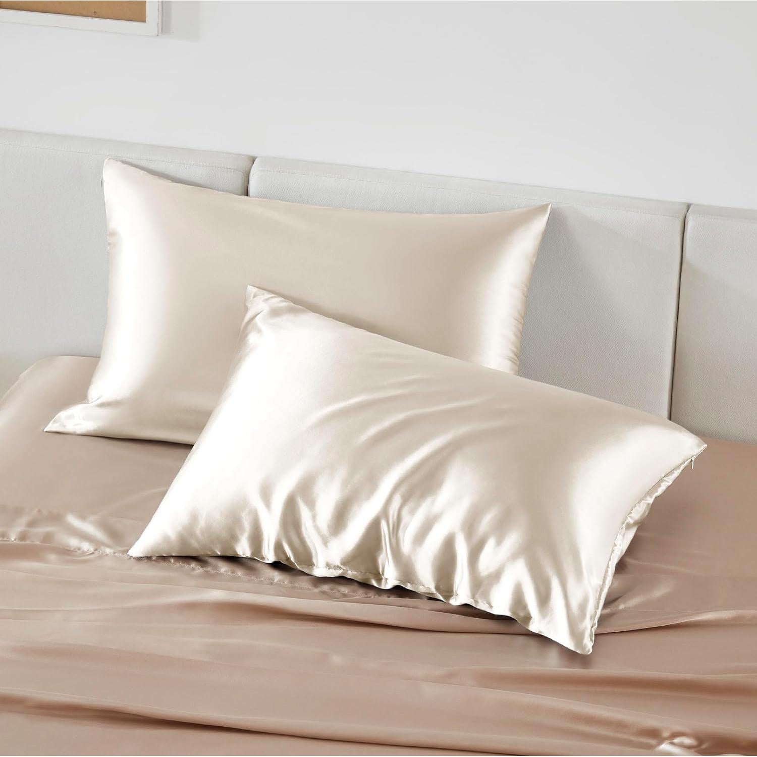 Funda de Almohada de Satén Bedsure Beige Estándar 2 Piezas