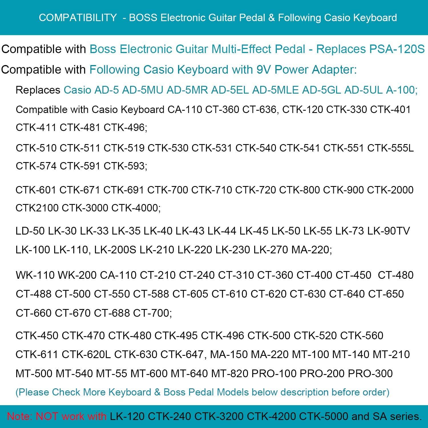 Adaptador de CA Casio CTK-720 9V 850mA 1.83m