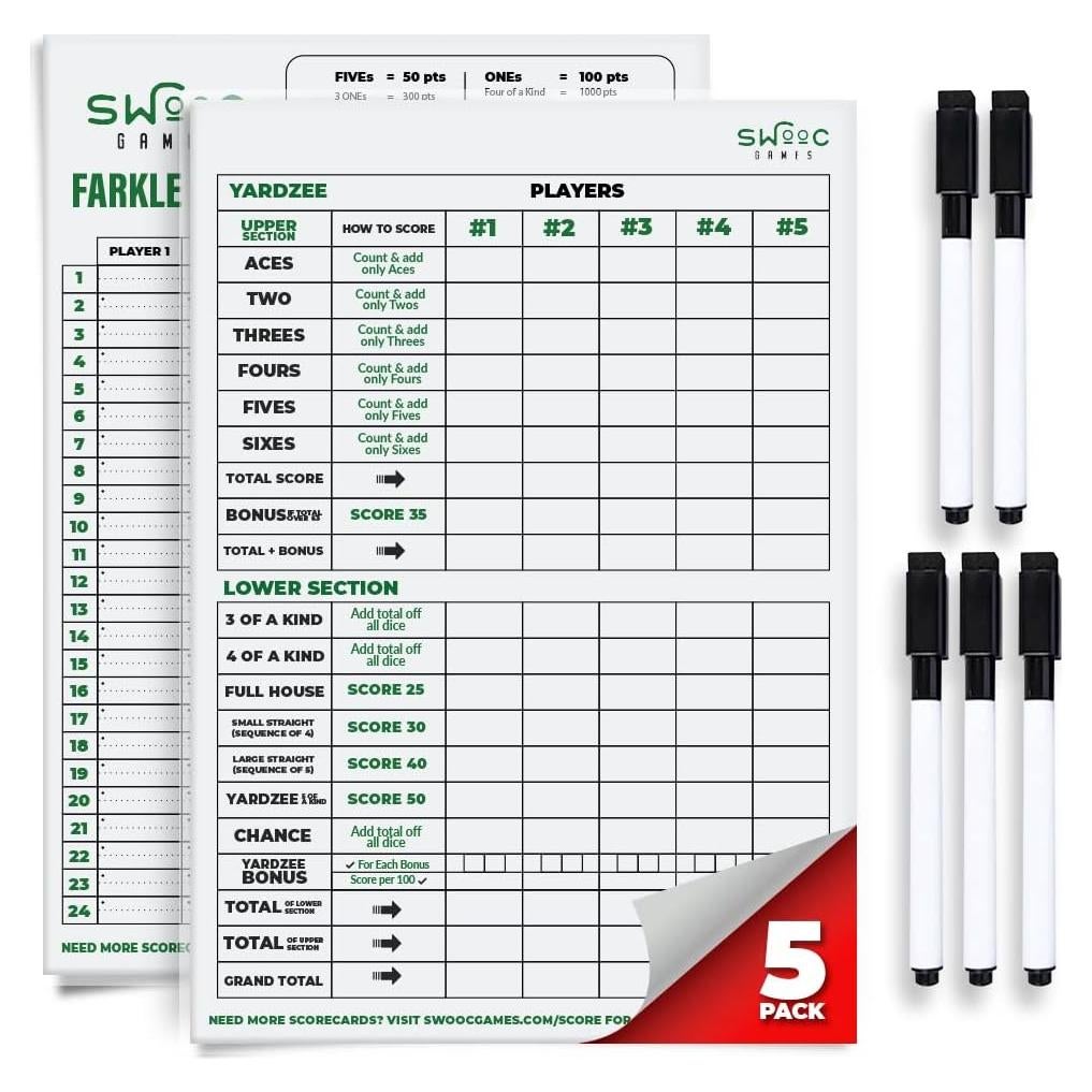 Tarjetas de Puntuación Laminadas SWOOC - 5 Paquete para Yardzee y Farkle