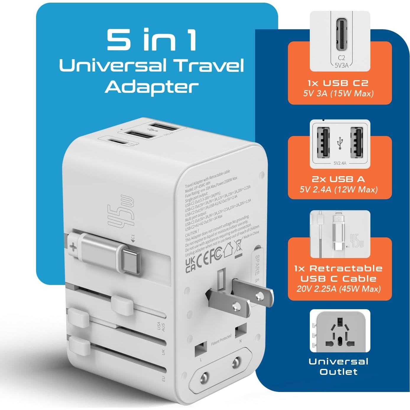 Adaptador de Viaje Universal Ceptics 5 en 1 con USB-C 45W