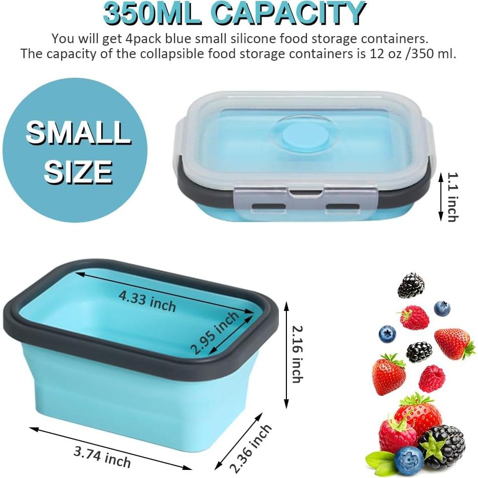 Contenedor de Almacenamiento de Alimentos Silicona Plegable 350 ml 4 Pack Azul