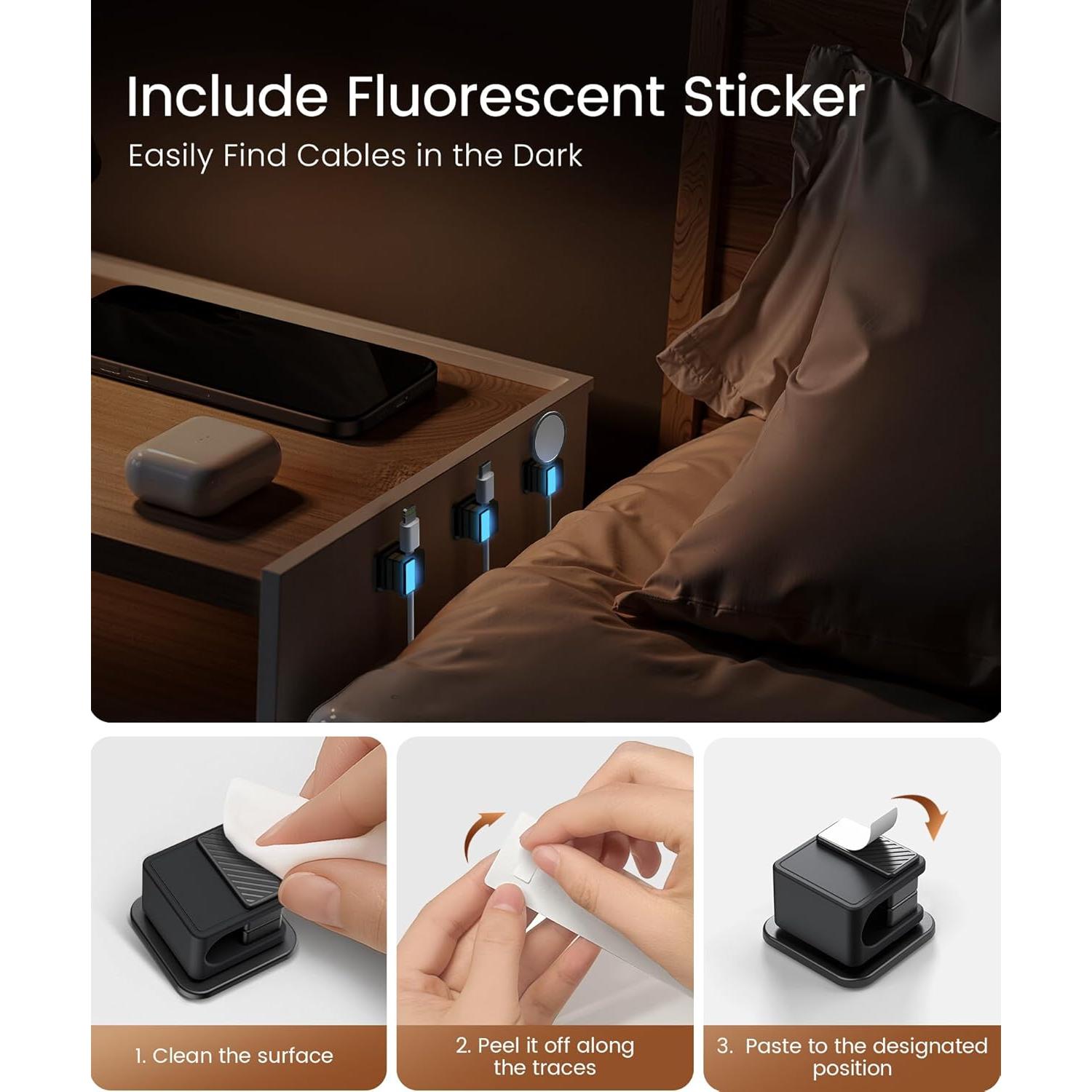 6 Clips Magnéticos para Cables GolbinBox, Negro, Brillan en la Oscuridad