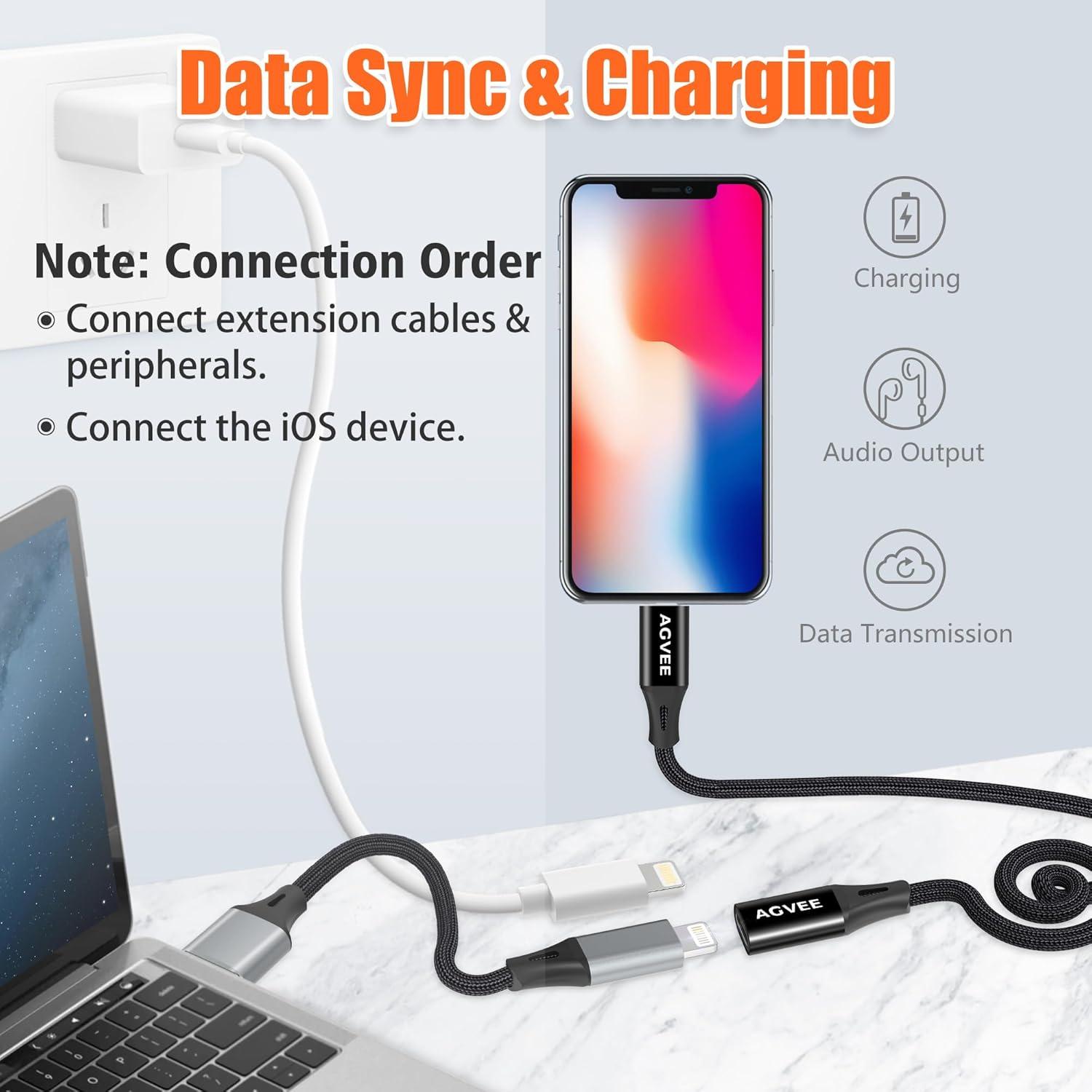 Cable Extensión Lightning AGVEE 1 Pie Negro para iPhone/iPad