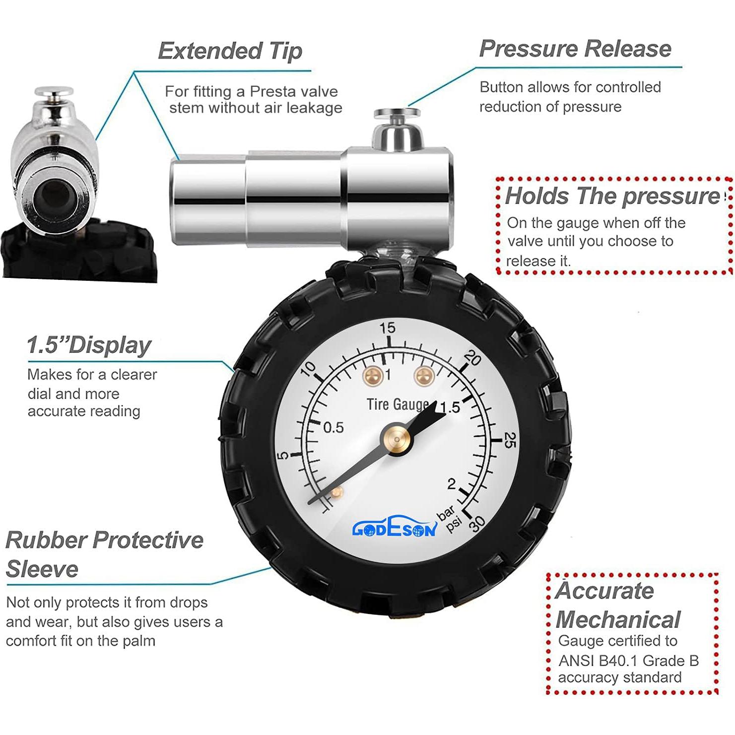 Medidor de Presión de Neumáticos GODESON Presta 0-30PSI