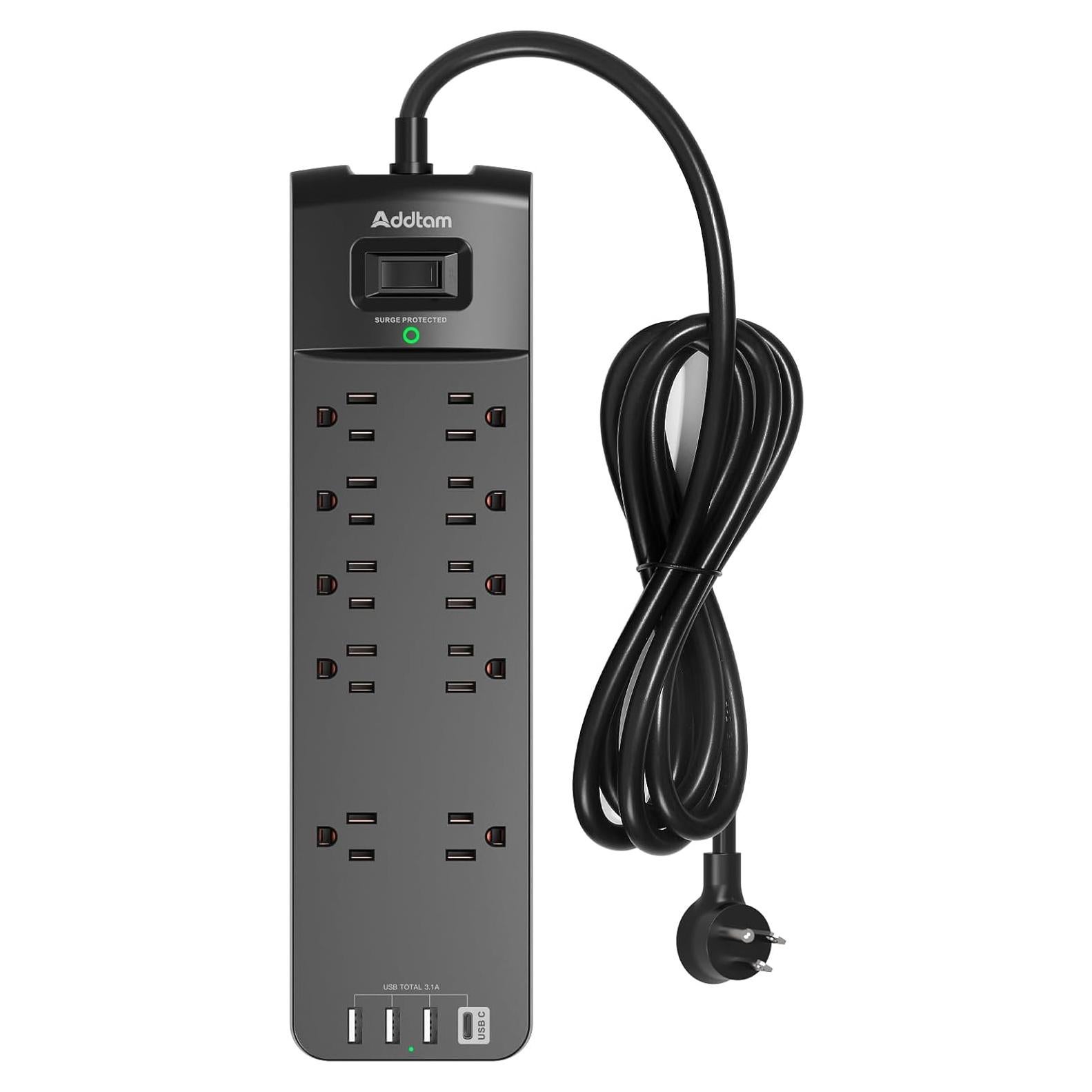 Regleta de Energía Addtam 10 Salidas AC 4 USB 1.83m Negro
