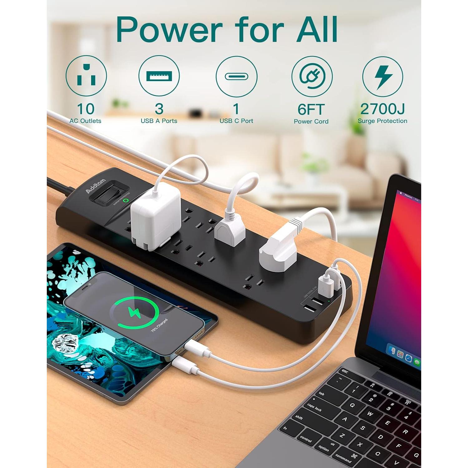 Regleta de Energía Addtam 10 Salidas AC 4 USB 1.83m Negro